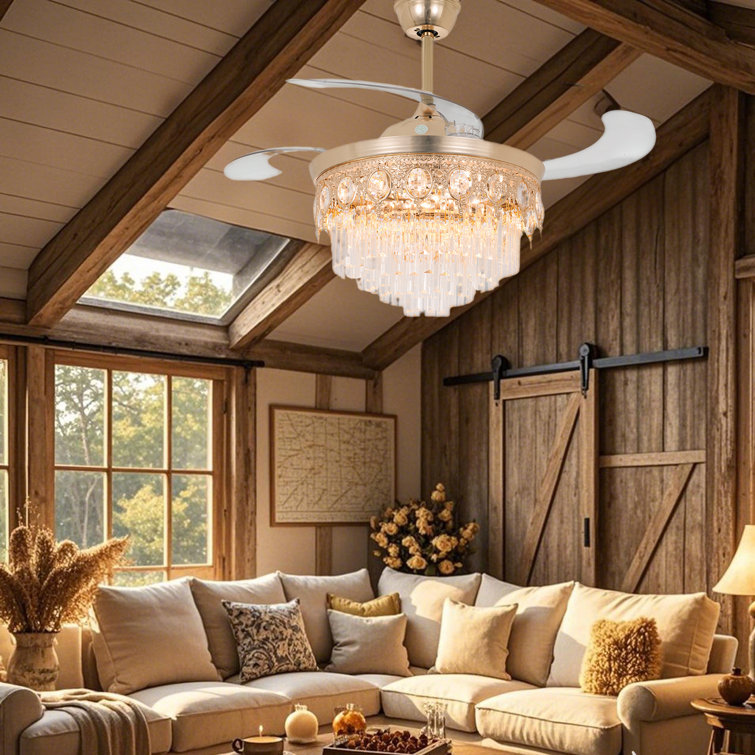 42-Inch Golden French Crystal Variable Frequency Invisible Fan Light With Remote Control, Height Adjustable