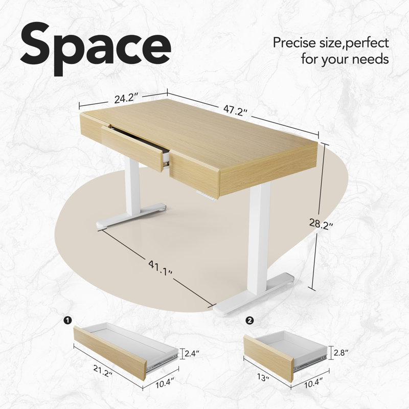 Home Office Height Adjustable Standing Desk With 3 Drawers, Beige/White
