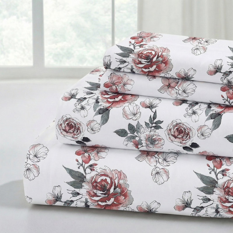Ensemble de draps en microfibre 4 pièces Modern, Ensemble de draps pour grand lit avec 2 taies d'or, Rose Bloom Floral