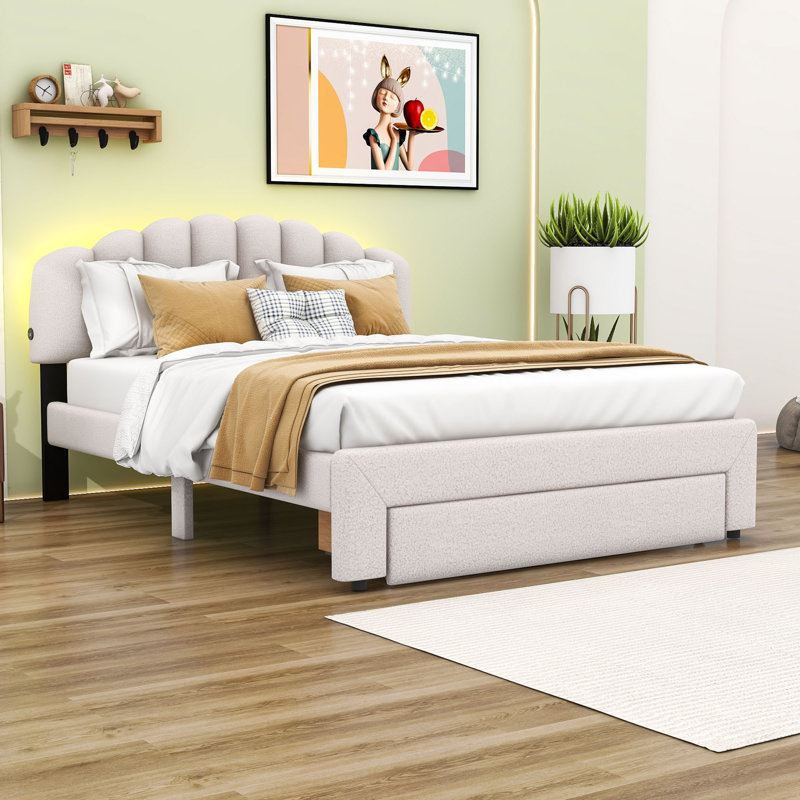 Grand lit plateforme tapissier avec grand tiroir Deyonta, Beige