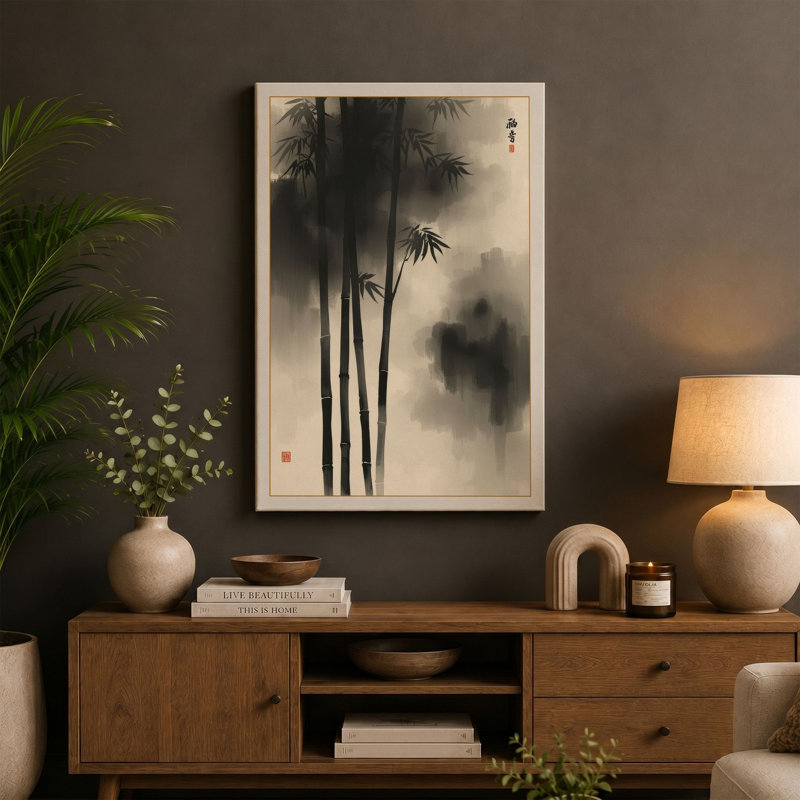 Bamboo in Mist Japandi - Wrapped Canvas, Terracotta Border, 30x20 - 76.2 x 50.8 cm