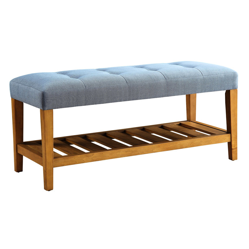 Banc en tissu bleu avec placage de chêne et tablette pratique rembourrée