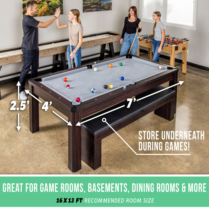 Table de ping-pong et de table de billard avec 2 bancs GoSports 7 pi 3 en 1, chêne foncé, Chêne foncé