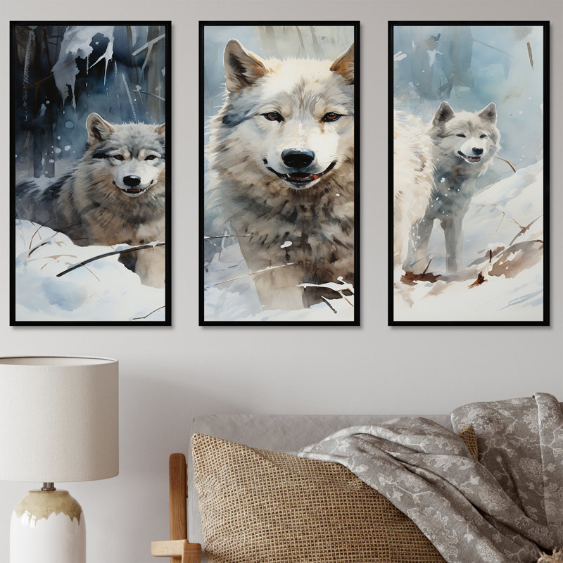 Neige loups en hiver III - loup, art mural, H 28 po x l 36 po, Cadre flottant noir