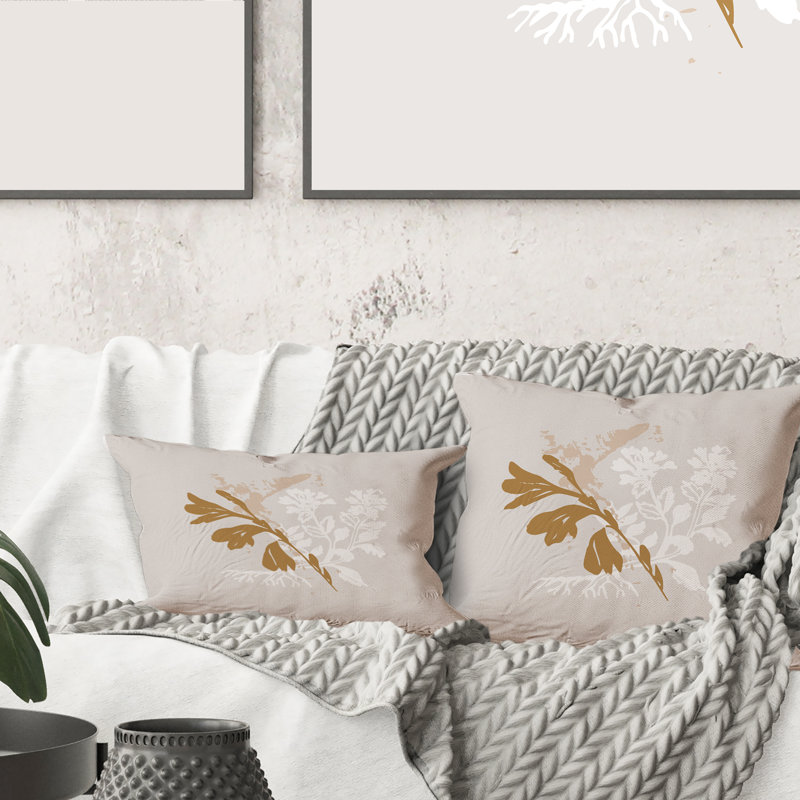 Minimal Botanical Design In Brown And White Floral Lumbar Pillow