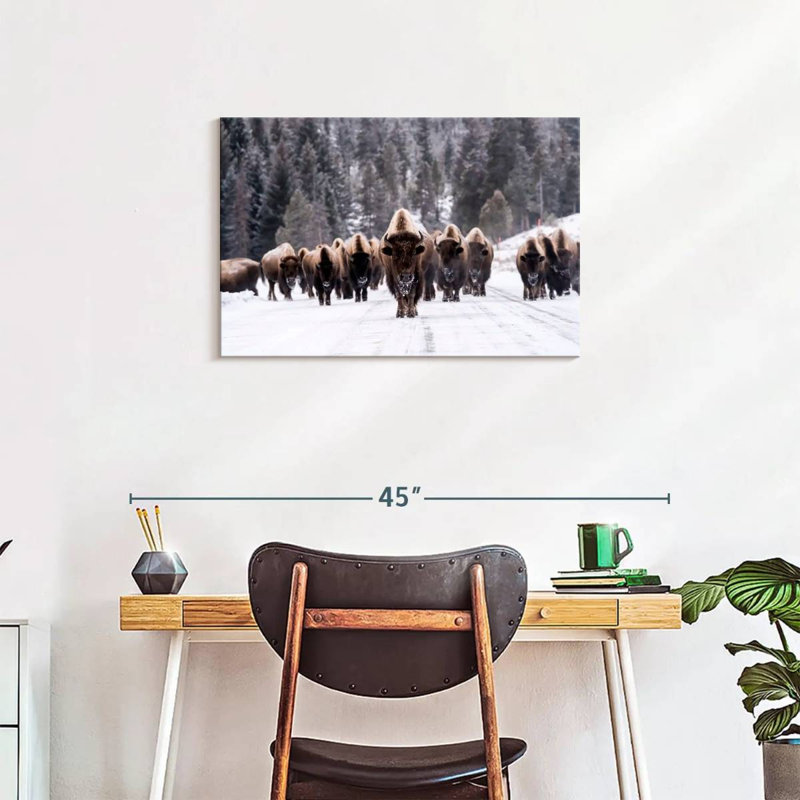 Bison Herd in Winter - reproduction d'art sur toile tendue, H 20 po x l 30 po x P 1,25 po