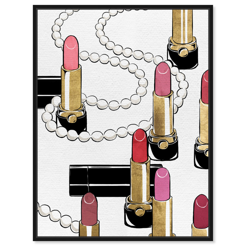 Rouge à lèvres et perles, maquillage - impression, H 36 po x l 24 po, Cadre en bois noir