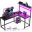 Bureau de jeu en L avec support pour écran et prises de courant, éclairage DEL 7 couleurs 17 modes, ports intégrés, pieds de lumières réglables en acier, espace de travail convertible de couleur design, pieds