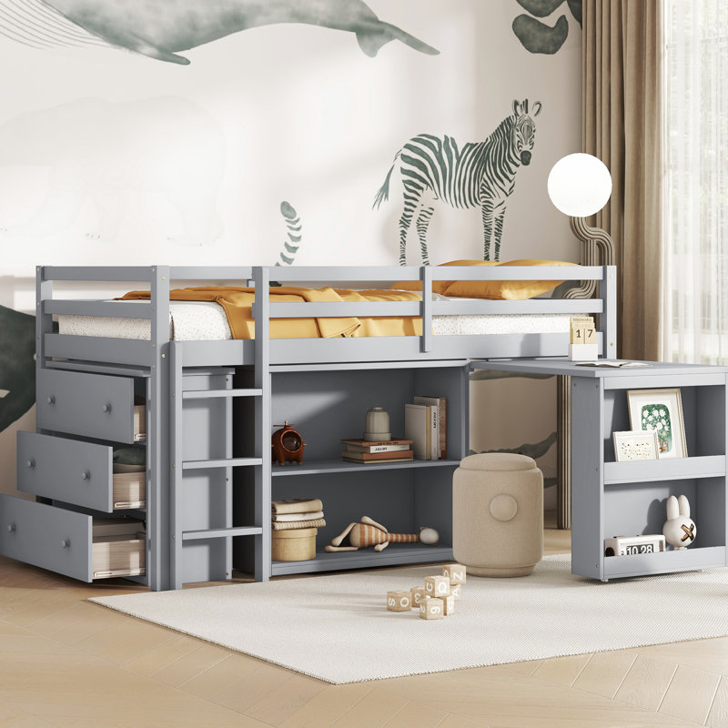 Lit mezzanine simple gris avec garde-corps, tiroirs et armoires à tablettes Utilisation efficace de l'espace -, Gris
