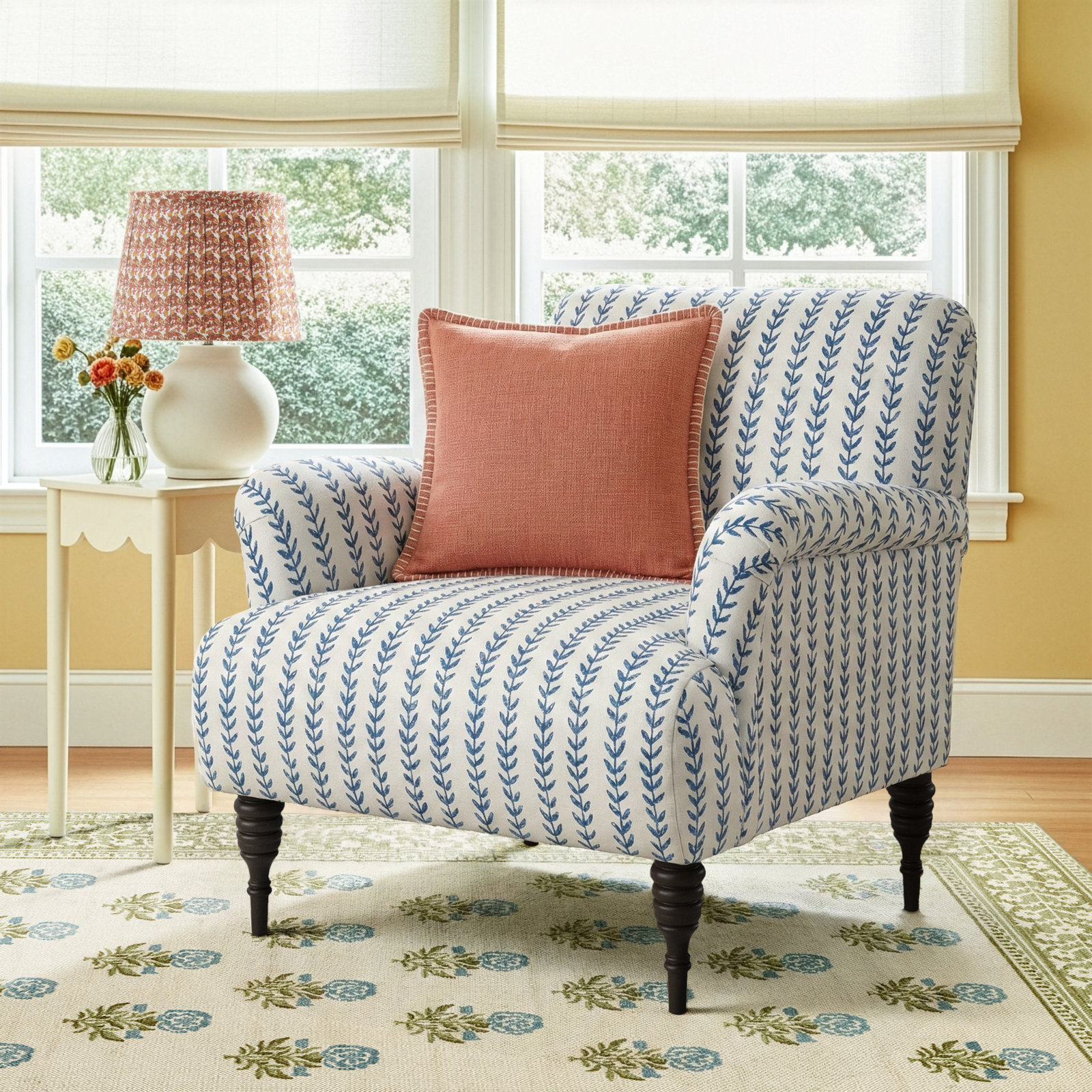 Allura Pine Cotton Armchair, Vine Stripe Dusty Blue