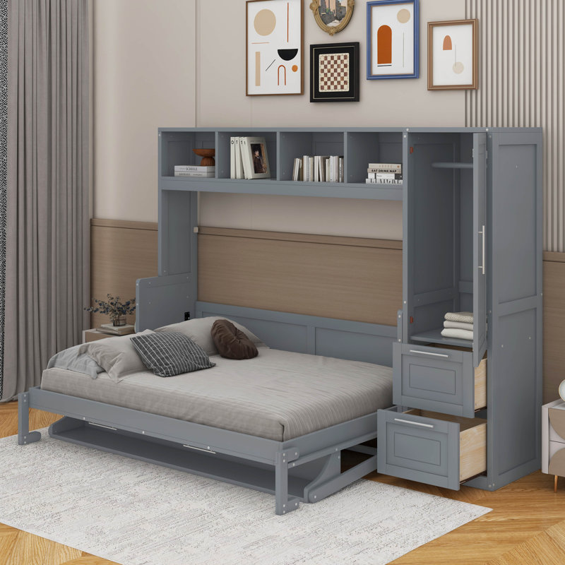 Lit escamotable double avec tiroirs et garde-robe, Gris