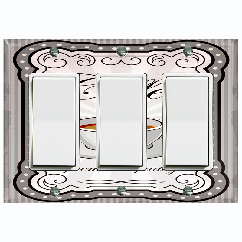 Metal Light Switch Plate Outlet Cover (Coffee Cup Grey Frame Premium Quality - Triple Rocker)