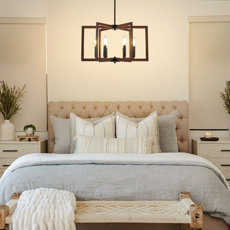 6-Light Dimmable Geometric Square/Rectangle Chandelier, Walnut