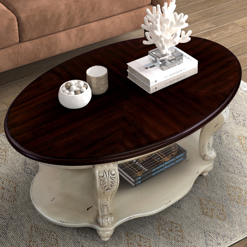 Table basse ovale en bois de 42 po pour le salon, table basse en bois massif à 2 niveaux, Espresso / Beige