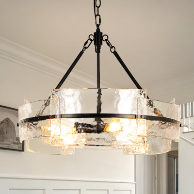 Lustre tambour à 4 lumières à intensité variable en verre noir pour lustre de salle à manger suspendu au plafond
