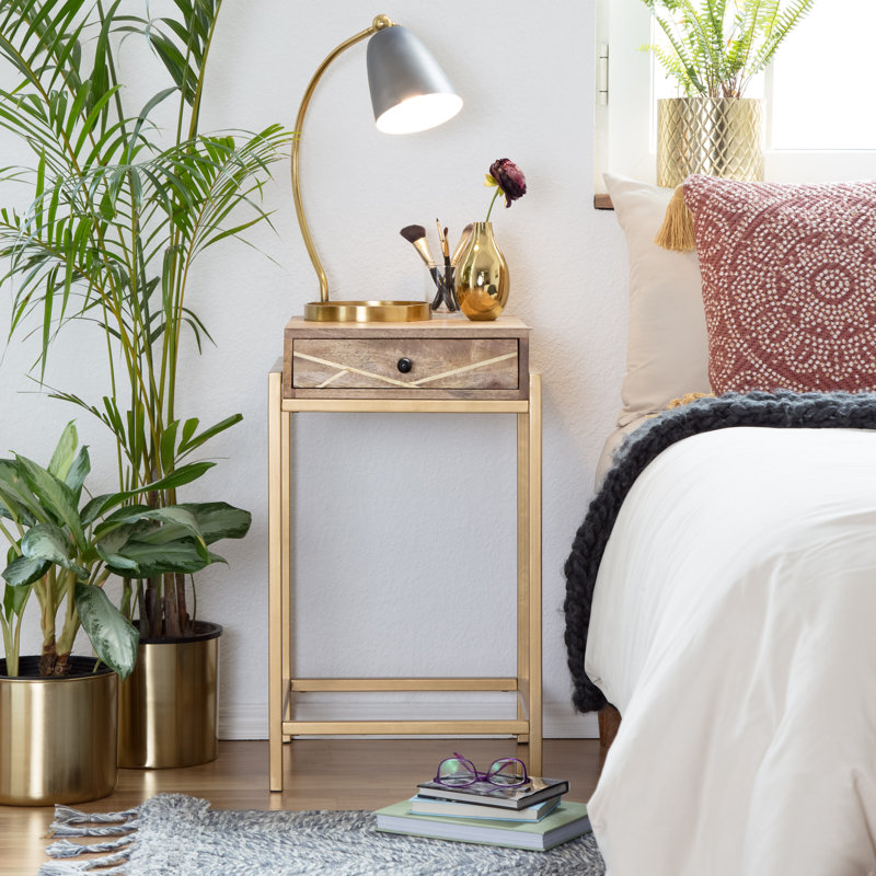 Sidney Beige Mango Wood and Gold Metal Storage Side Table