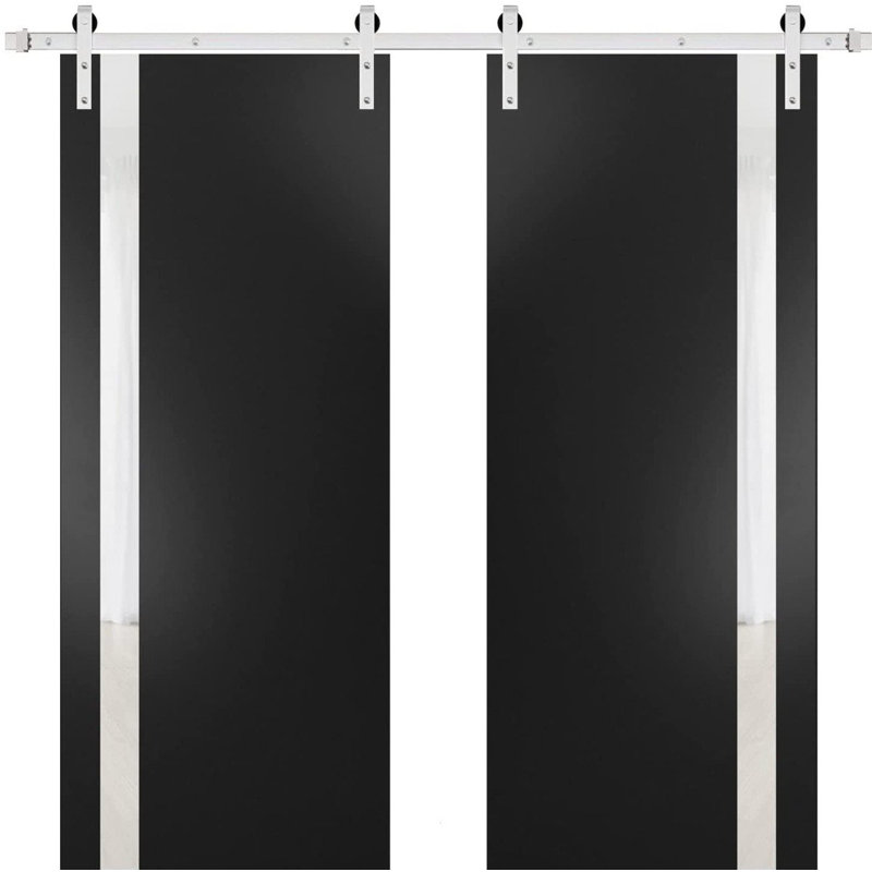 Porte de grange double robuste avec | Planum 0040 noir mat avec verre blanc | Ensemble de 13 cintres lourds pour rail | Portes intérieures à panneau plein - Rail argenté