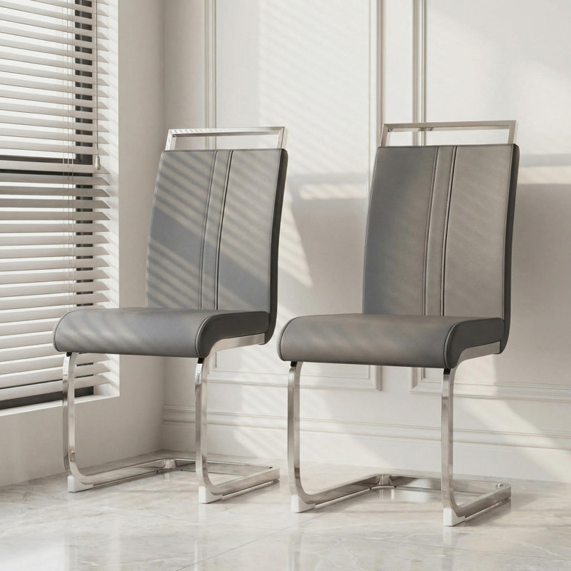 Set Of 2 Modern Faux Leather Dining Chairs With C-Shaped Silver Stainless Steel Legs, Gray