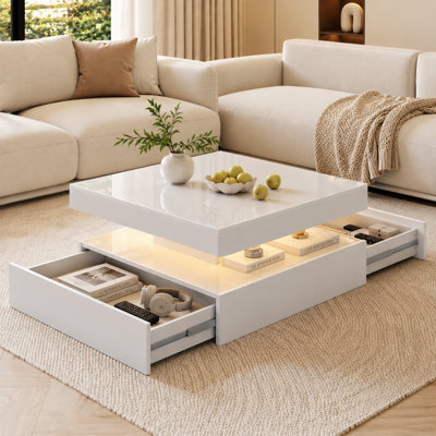 30.7" Modern High Gloss LED Coffee Table, Double-Layer Large Square Design with 2 Sliding Storage Drawers, 16-Color Ambient Lighting Living Room Center Table