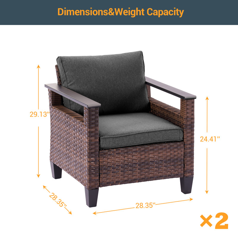 Dreyer 2 Piece Patio Sofa Set, Wicker Sofa with Thick Cushion, Black Gray