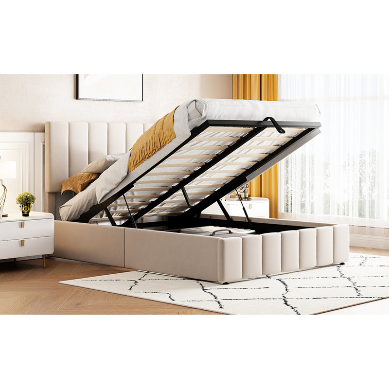 Upholstered Platform Bed In Beige With Ample Storage Space Dependable Hydraulic Option