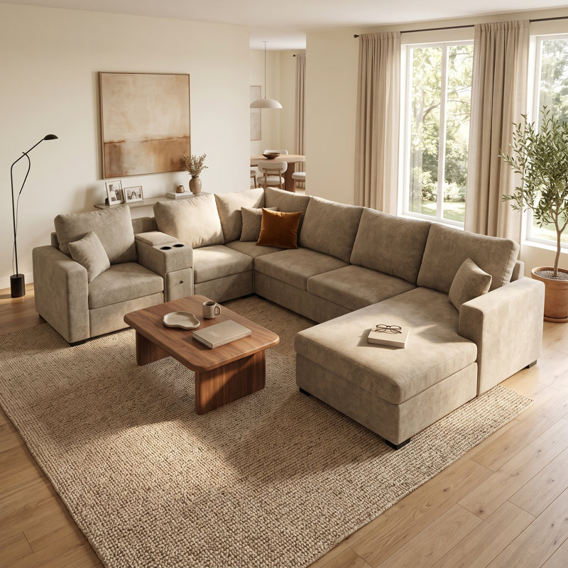 Canapé modulaire en forme de U de 134 po, canapé en chenille 5 places avec méridienne, porte-gobelets, tiroir de rangement et 3 coussins