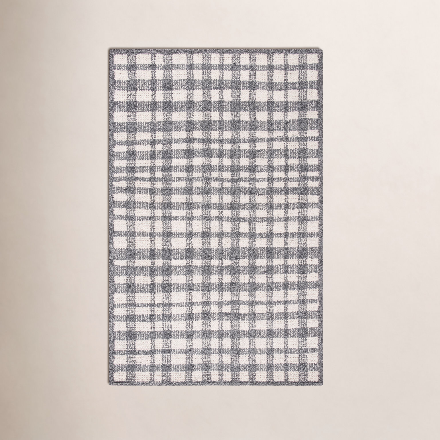 Ivory Black Hand-Tufted Plaid Rug, Square 6'