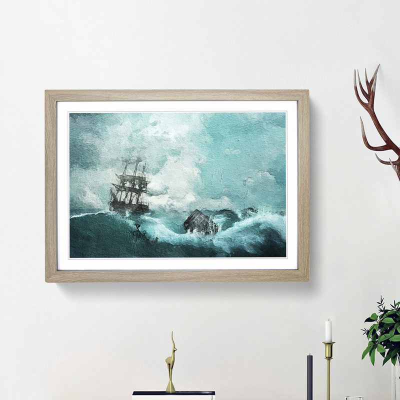 Pirate Ship Sailing Upon a Stormy Sea - Picture Frame Painting Print, 48cm H x 65cm W x 2cm D, Oak Framed