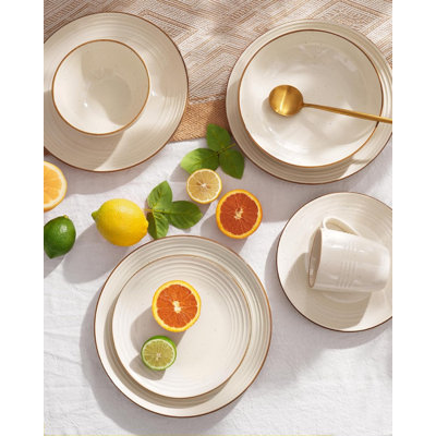 Service de table Jupiter en grès, 18 pièces, comprenant 6 assiettes et bols en céramique à rebord, résistant aux ébréchures et aux égratignures, compatible micro-ondes et lave-vaisselle, pour usage quotidien, blanc vanille neutre