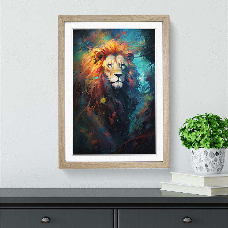 Lion Conceptual - Single Picture Frame Print on Wood, Oak Framed, 34cm H x 25cm W x 2cm D