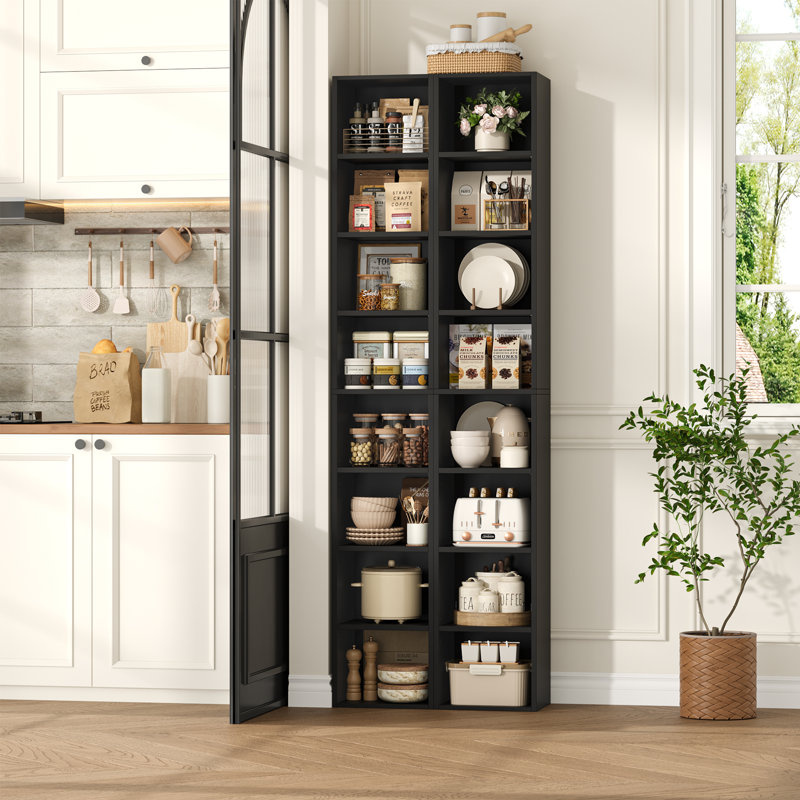 Brenya Mid-Century Modern Wood 8-Tier Narrow Library Shelf, Adjustable Bookcase Set of 2, Black, 2