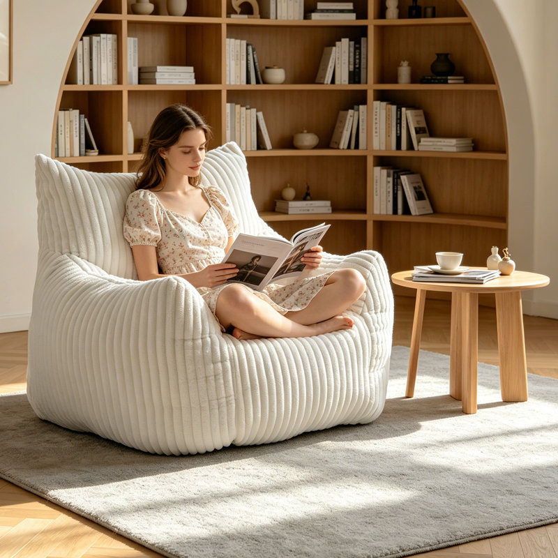 Fauteuil à billes surdimensionné rayé en velours côtelé, crème, fauteuil seulement sans repose-pieds, Velours côtelé beige