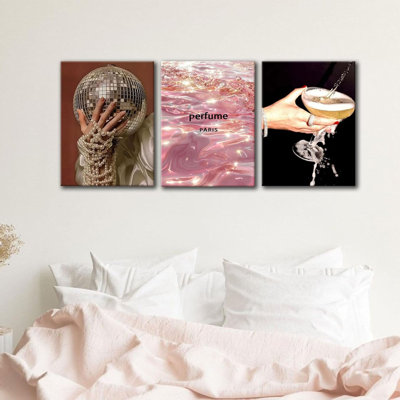 3 pièces, art décoratif encadré sur toile de style boule de disco rose, charrette de bar, affiche amusante, perle, parfum, images de fille, convenant à une chambre à coucher, dortoir, appartement, décoration murale, 12 x 16 pouces