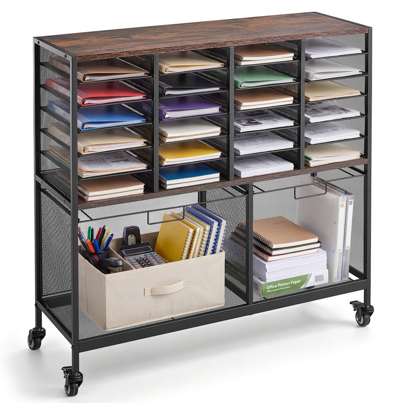 Rolling File Cart 24 Slot Mobile Filing Cabinet with Lockable Wheels, for Home Office Classroom, Large Storage Capacity, Hanging File Folder Mail Organizer, with 264.55 lbs / 120 kg Load, Black