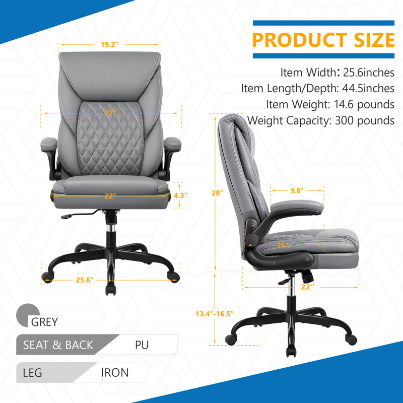 Chaise de bureau ergonomique en cuir Marama avec accoudoirs rabattables, Gris