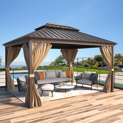 Pavillon de jardin 12 pi x 14 pi avec toit rigide en aluminium galvanisé avec moustiquaire et rideaux ombragés, double pergolas