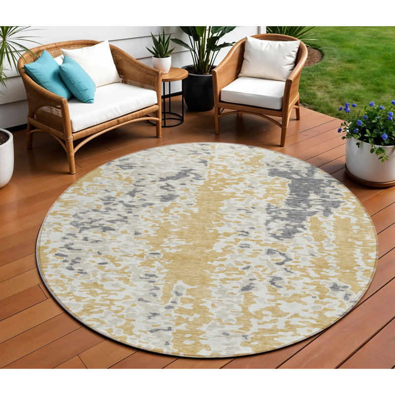 Tapis intérieur rond lavable abstrait doré et ivoire 8 pi