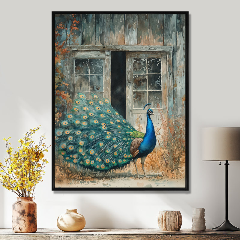 Hyler Peacock at the Farm Garden IV - Bird, art mural, Noir, Impression encadrée flottante, H 20 po x l 12 po