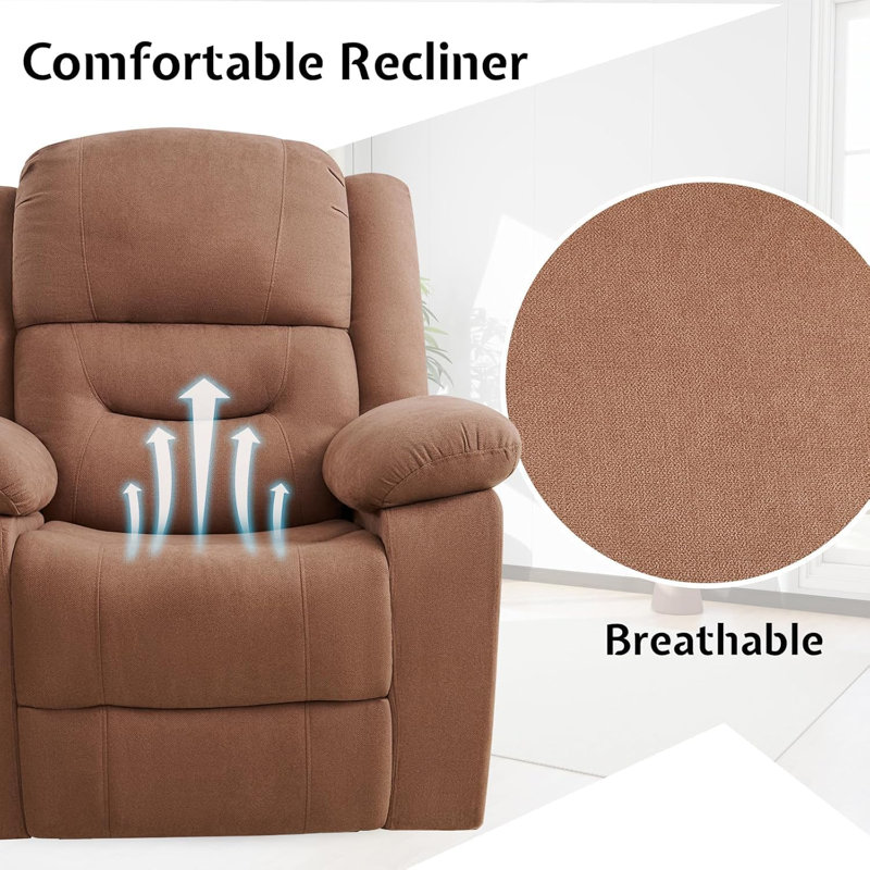 Fauteuil inclinable manuel en tissu avec accoudoirs et dossier rembourrés, canapé de salon doux pour le salon, Brun