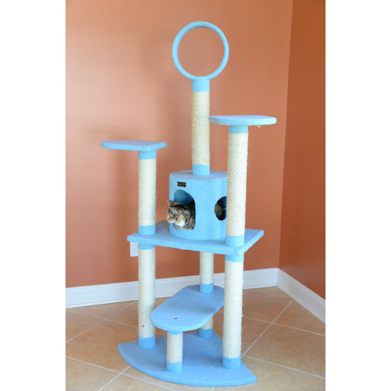 Sky Blue 65-Inch Faux Fleece and Sisal Cat Tree