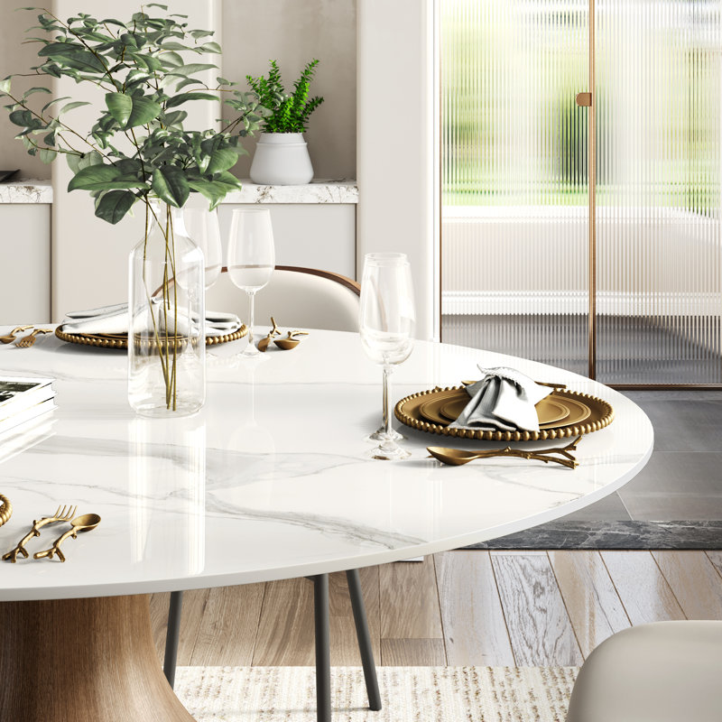 Otelia 7-Pieces Dark Walnut Round Dining Table Set, White, Glossy White/Dark Walnut, 29.52" H x 53" W x 53" D