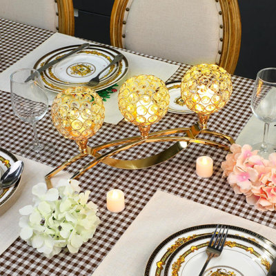 Set of 3 Pieces Gold Crystal Candle Holders, Tealight Candlestick Candelabra Stand with 3 Arms