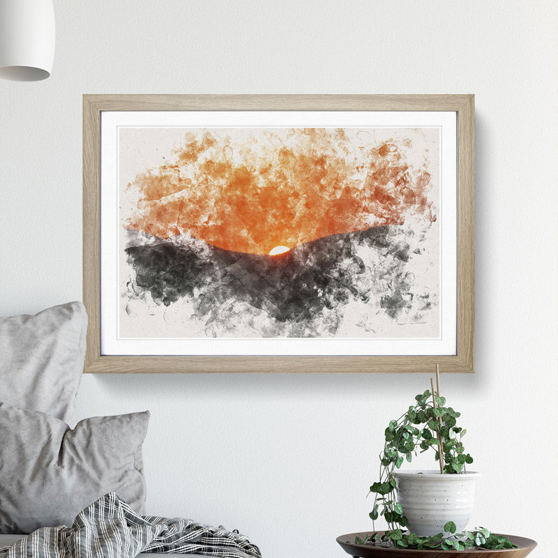 Sun Setting Behind The Mountains Watercolour - Single Picture Frame Print on MDF, Oak Framed, 62cm H x 87cm W x 2cm D