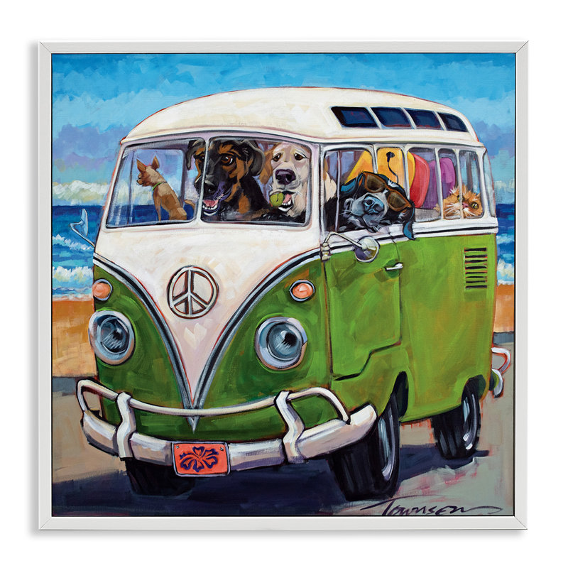 Dogs Driving Retro Van Summer Beach Trip, 24" H x 24" W, Coastal White Framed Giclee