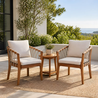 Ensemble de chaises de salle à manger d'extérieur pour 2 personnes, structure en bois d'acacia avec finition en teck, tissage multi corde brun, coussin beige hydrofuge, chaises bistro de patio pour balcon de jardin