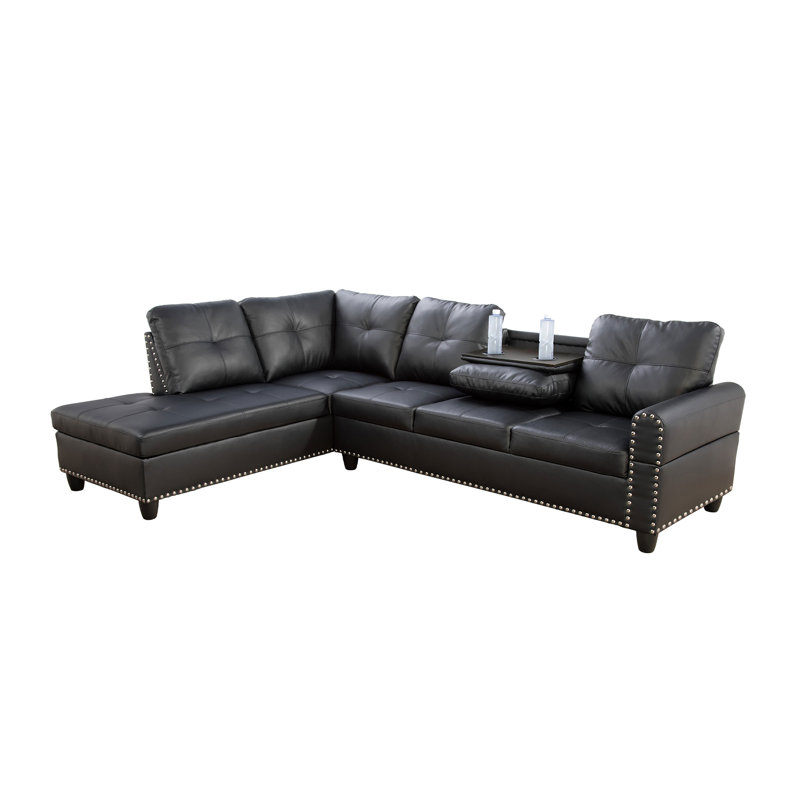 Morgynn Faux Leather L-Shaped Sectional, Black Faux Leather, Left Hand Facing