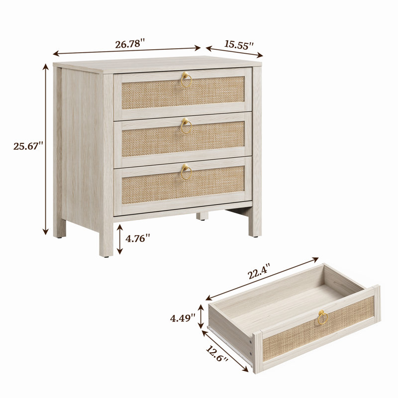 Pomodoro Boho-Inspired Rattan Nightstand With 3-Drawer, White