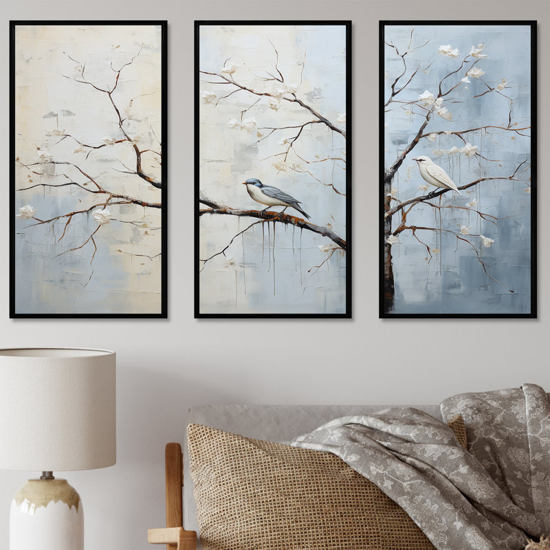 Gris printanier gris, oiseaux de printemps II - arbre, art mural, H 28 po x l 36 po x P 1 po, Cadre flottant noir