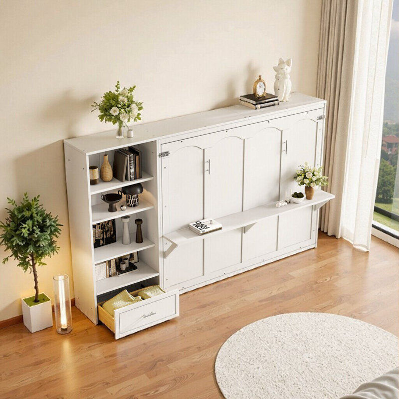Elegant Queen Size Murphy Bed with Adjustable Storage & Shelf - Space-Saving Wall Bed with Drawer for Bedroom or Guest Room