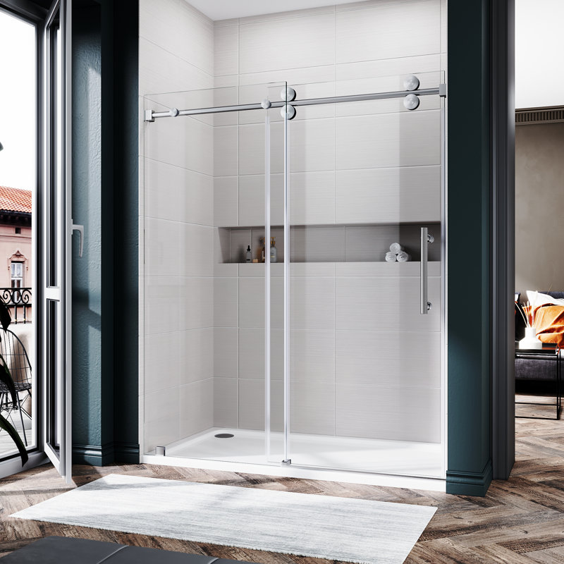 50'' - 55'' W x 76'' H Single Sliding Frameless Shower Door with Clear Glass, Nickel